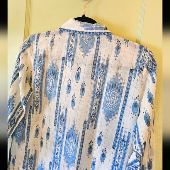 Vintage 70s Navajo Aztec print western blue white button up cowgirl rideo shirt - Picture 8 of 11